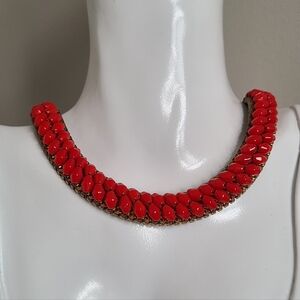 Vintage Boho Lagenlook Chunky Red Coral Beaded Gold Tone Bib Choker Necklace